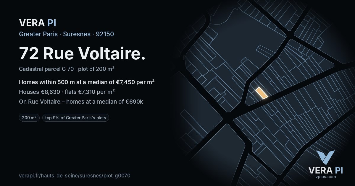 72 Rue Voltaire, Suresnes at night – the plot lit, the parcels around coloured by the prices near them