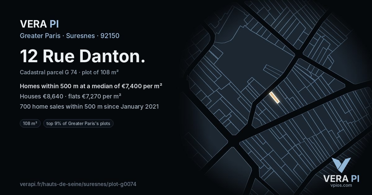 12 Rue Danton, Suresnes at night – the plot lit, the parcels around coloured by the prices near them