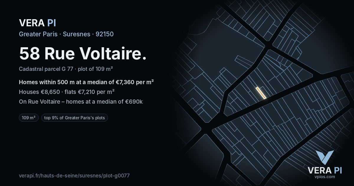 58 Rue Voltaire, Suresnes at night – the plot lit, the parcels around coloured by the prices near them