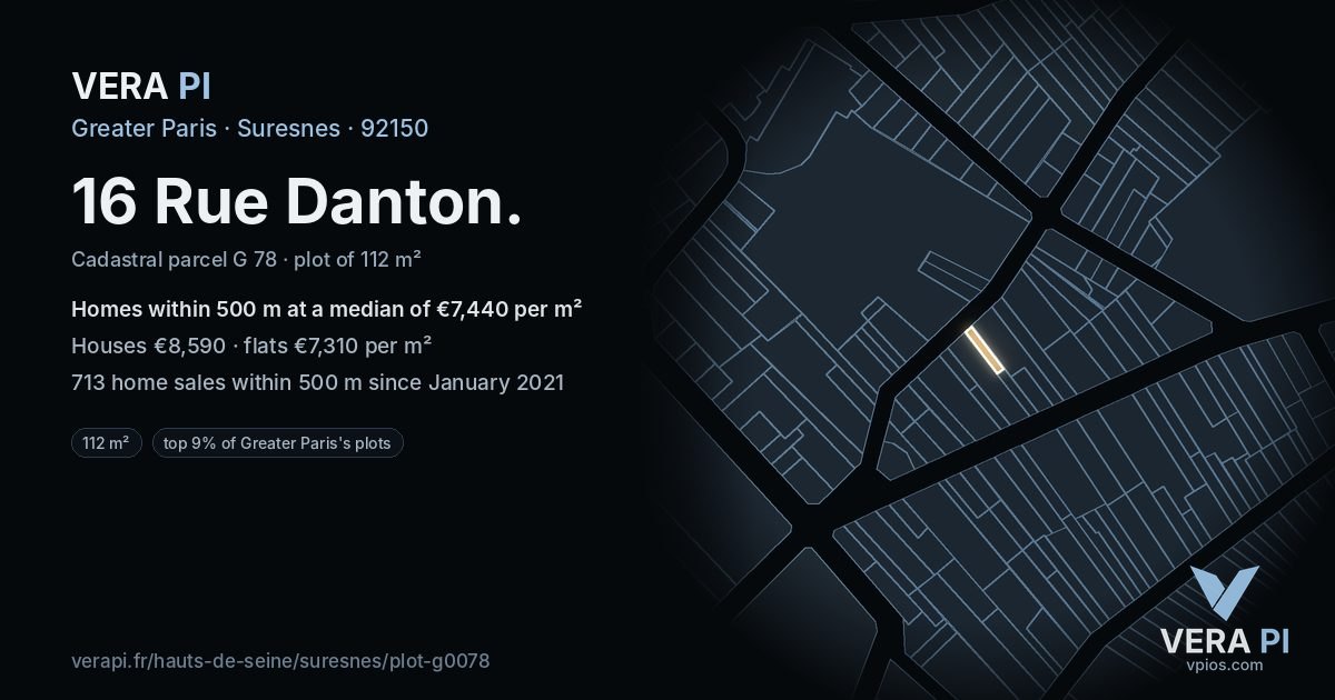 16 Rue Danton, Suresnes at night – the plot lit, the parcels around coloured by the prices near them