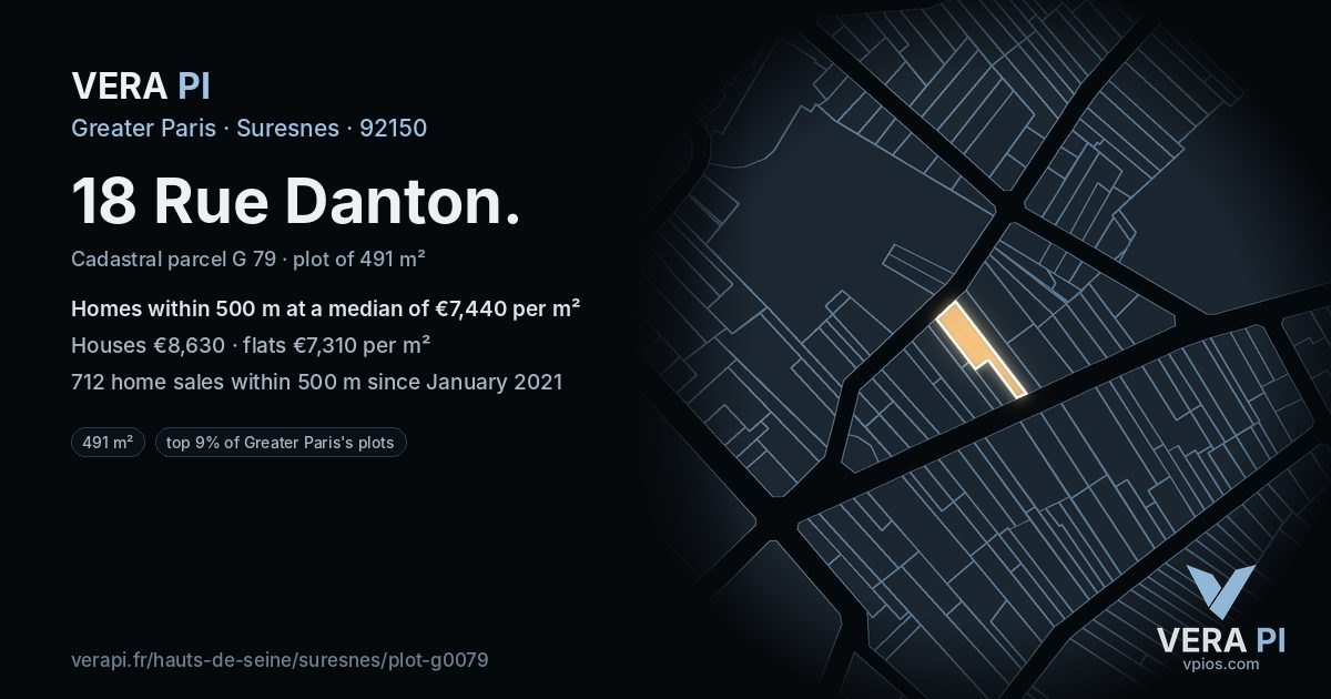 18 Rue Danton, Suresnes at night – the plot lit, the parcels around coloured by the prices near them