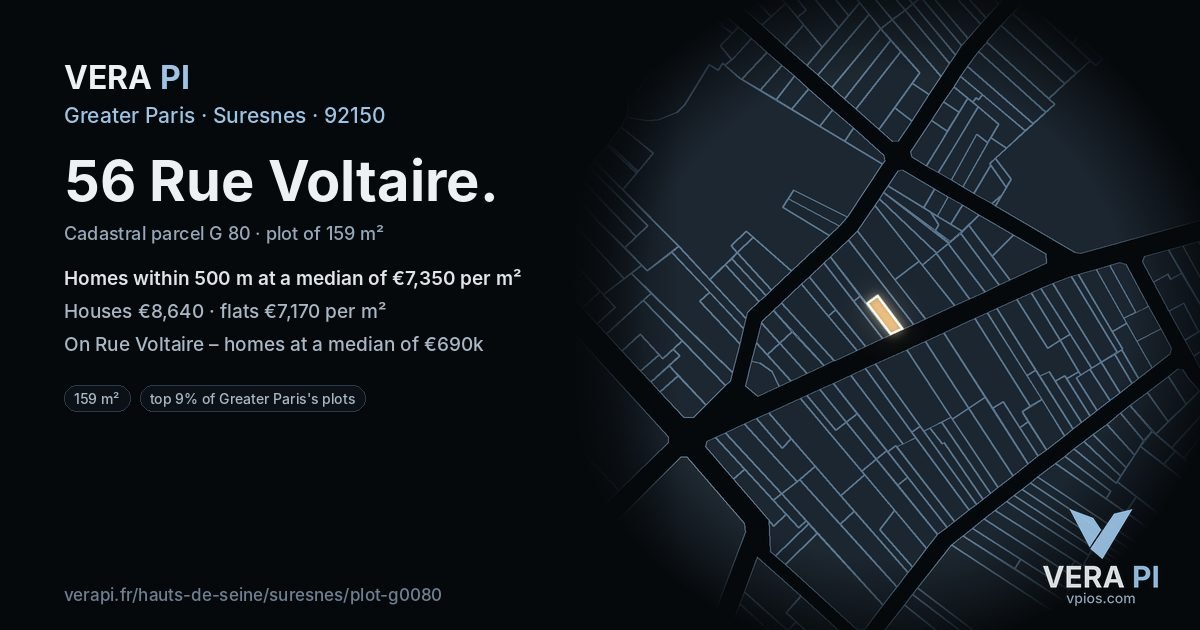 56 Rue Voltaire, Suresnes at night – the plot lit, the parcels around coloured by the prices near them