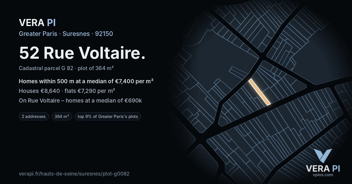 52 Rue Voltaire, Suresnes at night – the plot lit, the parcels around coloured by the prices near them