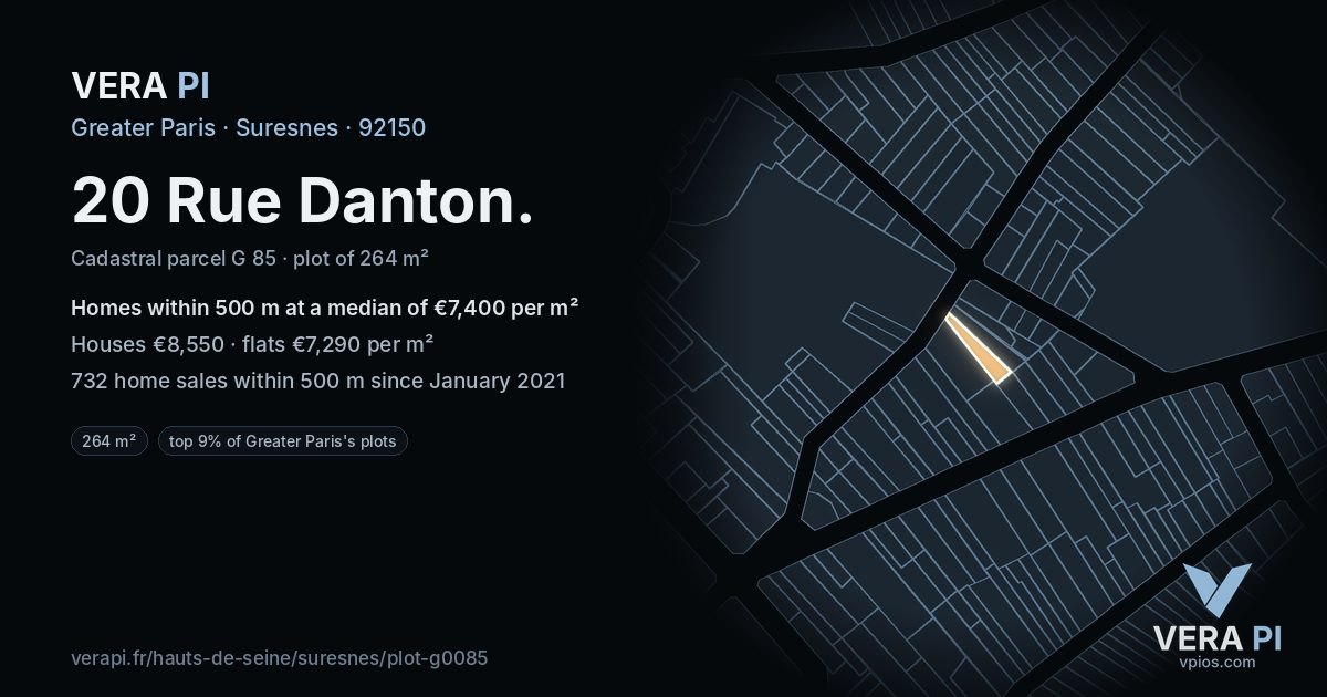 20 Rue Danton, Suresnes at night – the plot lit, the parcels around coloured by the prices near them