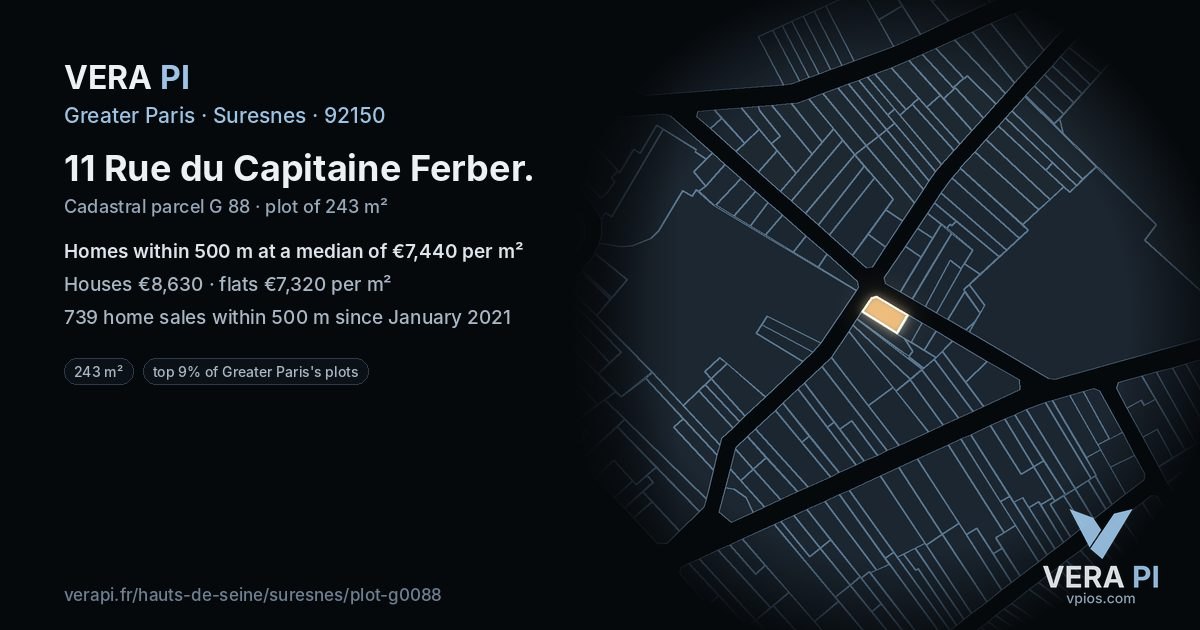 11 Rue du Capitaine Ferber, Suresnes at night – the plot lit, the parcels around coloured by the prices near them