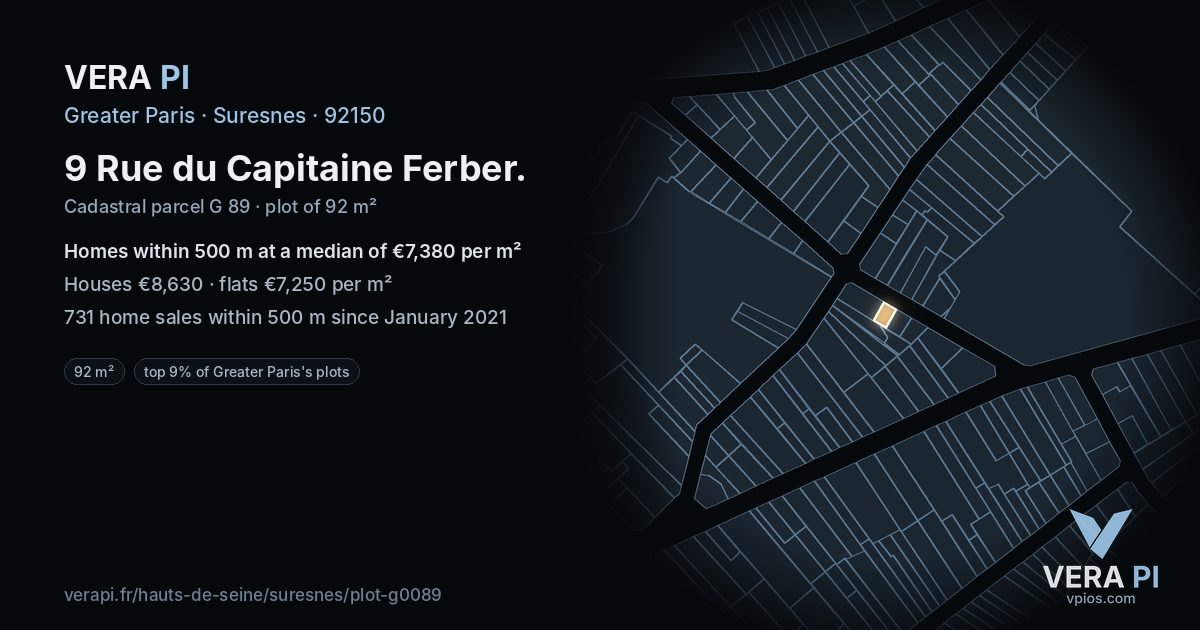 9 Rue du Capitaine Ferber, Suresnes at night – the plot lit, the parcels around coloured by the prices near them