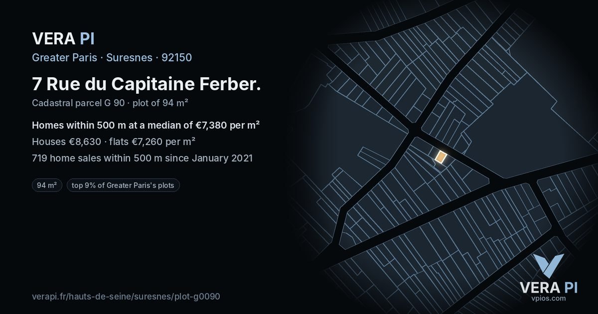 7 Rue du Capitaine Ferber, Suresnes at night – the plot lit, the parcels around coloured by the prices near them