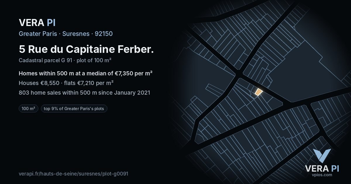 5 Rue du Capitaine Ferber, Suresnes at night – the plot lit, the parcels around coloured by the prices near them