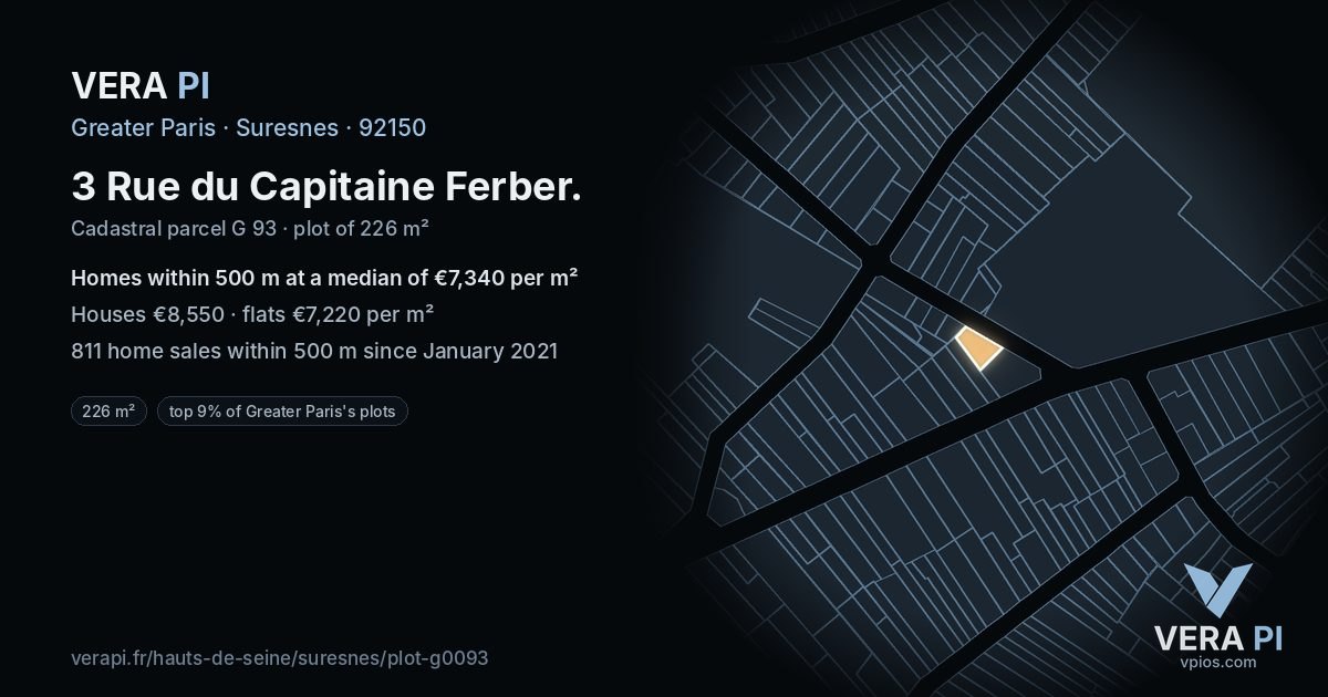 3 Rue du Capitaine Ferber, Suresnes at night – the plot lit, the parcels around coloured by the prices near them