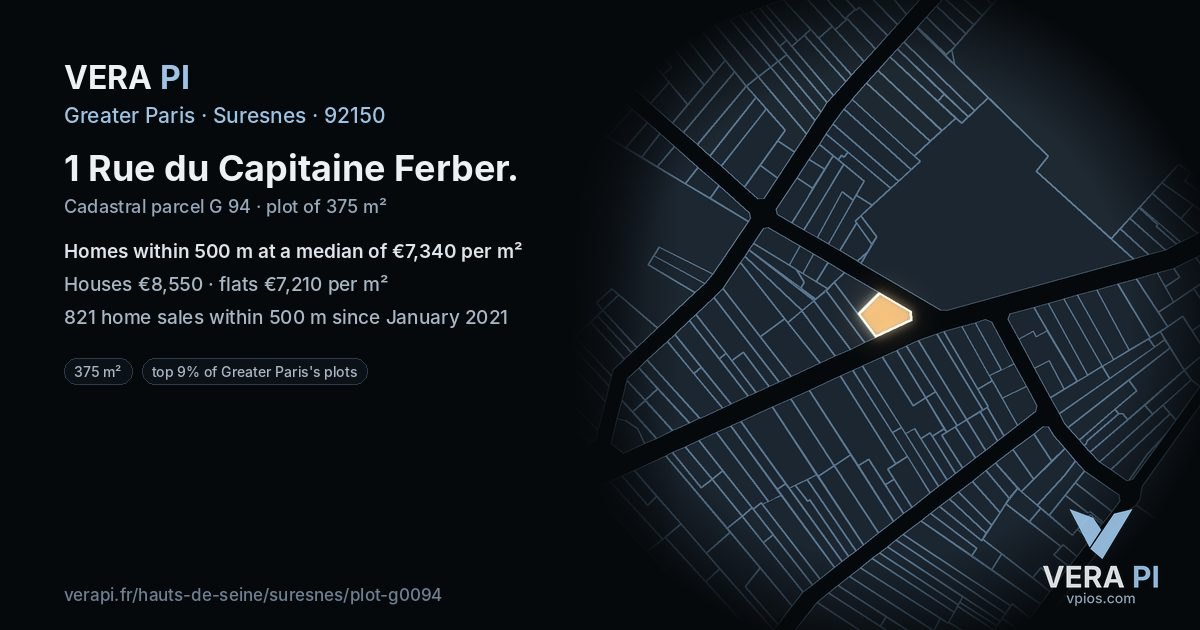 1 Rue du Capitaine Ferber, Suresnes at night – the plot lit, the parcels around coloured by the prices near them