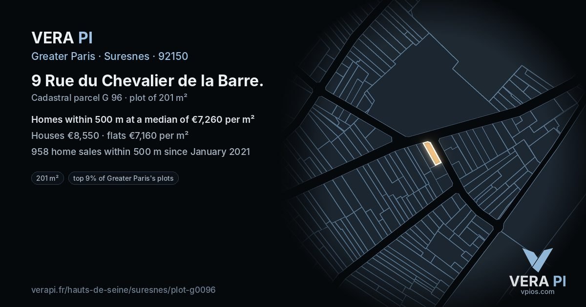 9 Rue du Chevalier de la Barre, Suresnes at night – the plot lit, the parcels around coloured by the prices near them