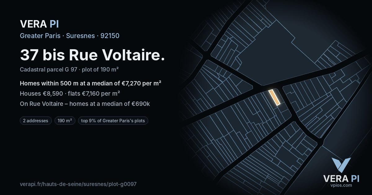 37 bis Rue Voltaire, Suresnes at night – the plot lit, the parcels around coloured by the prices near them