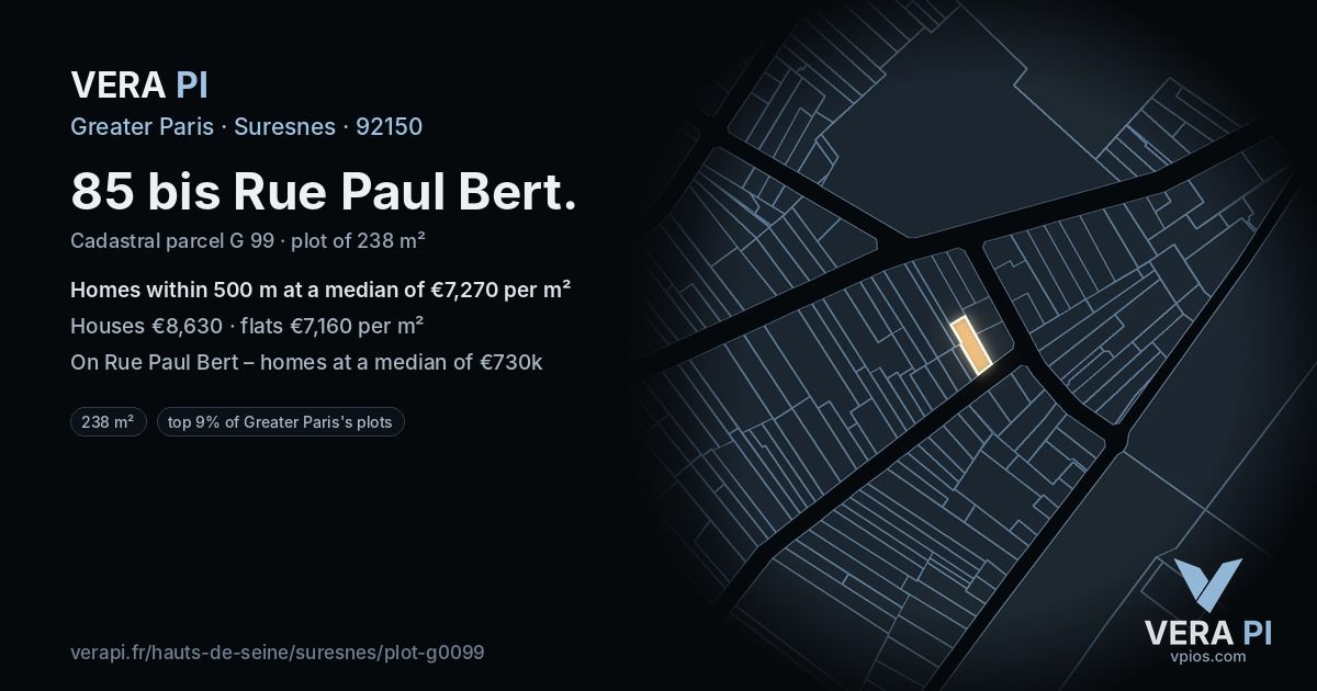 85 bis Rue Paul Bert, Suresnes at night – the plot lit, the parcels around coloured by the prices near them