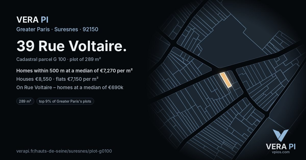 39 Rue Voltaire, Suresnes at night – the plot lit, the parcels around coloured by the prices near them