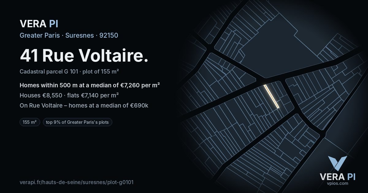 41 Rue Voltaire, Suresnes at night – the plot lit, the parcels around coloured by the prices near them