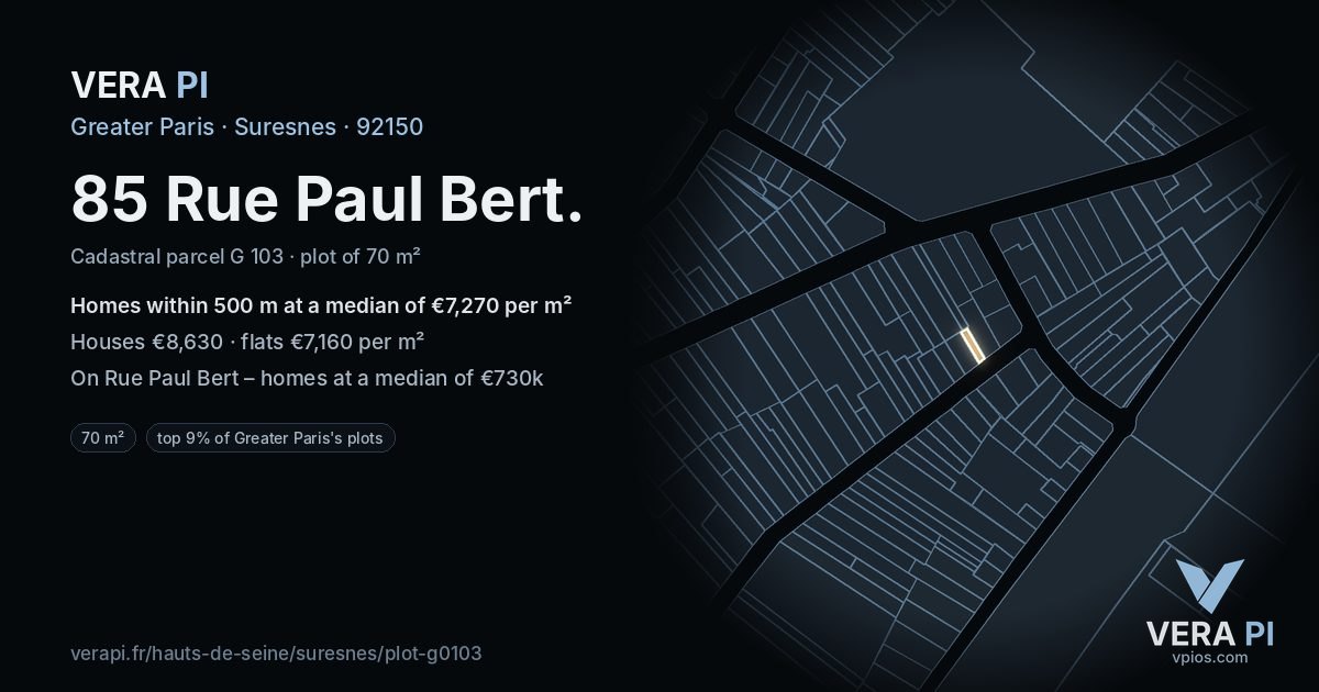 85 Rue Paul Bert, Suresnes at night – the plot lit, the parcels around coloured by the prices near them