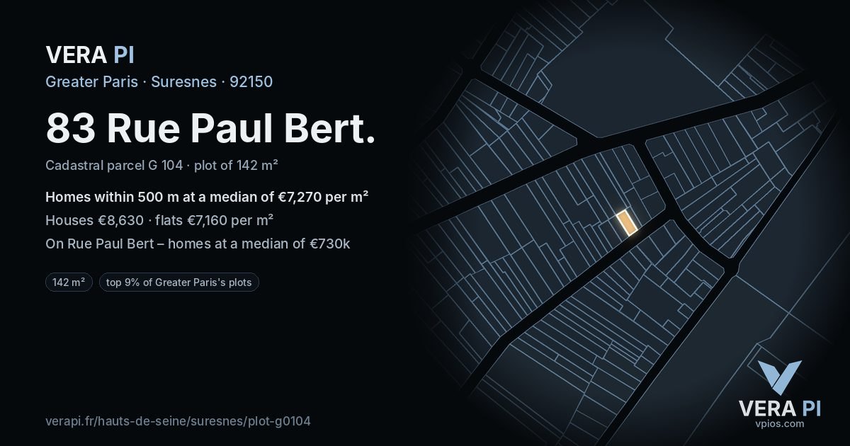 83 Rue Paul Bert, Suresnes at night – the plot lit, the parcels around coloured by the prices near them