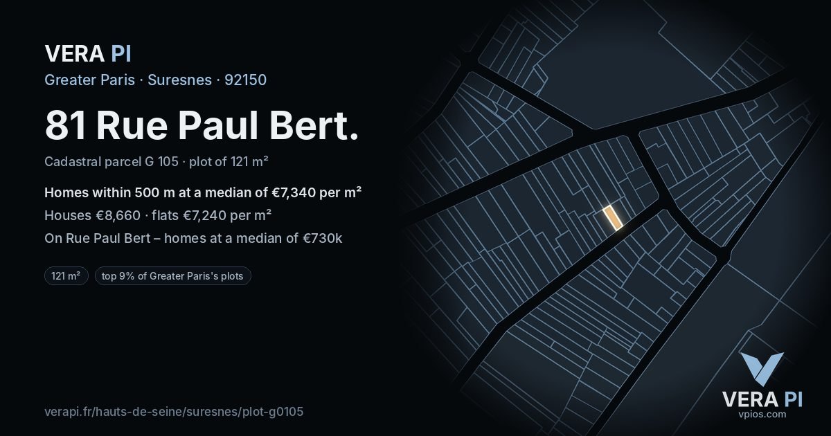 81 Rue Paul Bert, Suresnes at night – the plot lit, the parcels around coloured by the prices near them