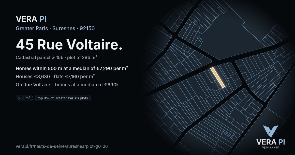 45 Rue Voltaire, Suresnes at night – the plot lit, the parcels around coloured by the prices near them