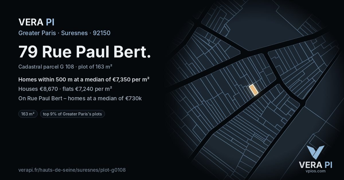 79 Rue Paul Bert, Suresnes at night – the plot lit, the parcels around coloured by the prices near them