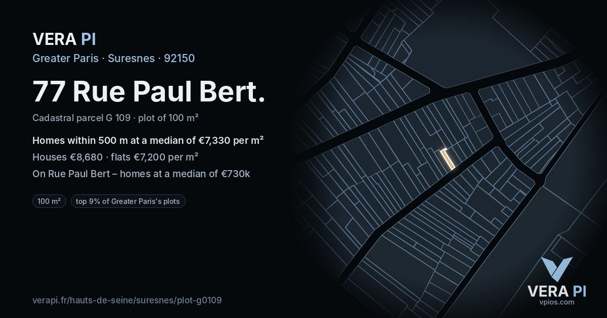 77 Rue Paul Bert, Suresnes at night – the plot lit, the parcels around coloured by the prices near them
