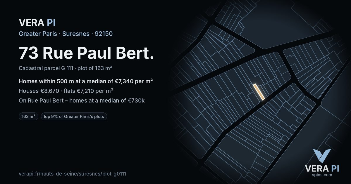 73 Rue Paul Bert, Suresnes at night – the plot lit, the parcels around coloured by the prices near them