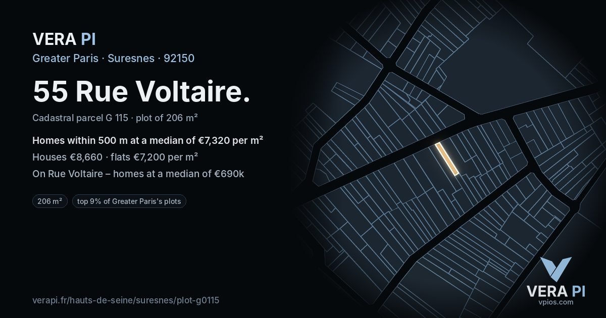 55 Rue Voltaire, Suresnes at night – the plot lit, the parcels around coloured by the prices near them