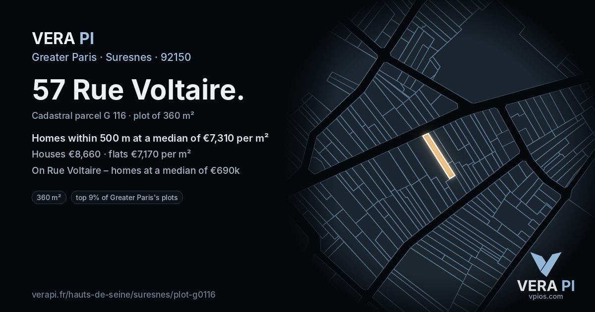 57 Rue Voltaire, Suresnes at night – the plot lit, the parcels around coloured by the prices near them