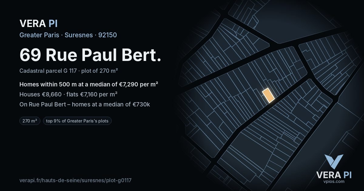 69 Rue Paul Bert, Suresnes at night – the plot lit, the parcels around coloured by the prices near them