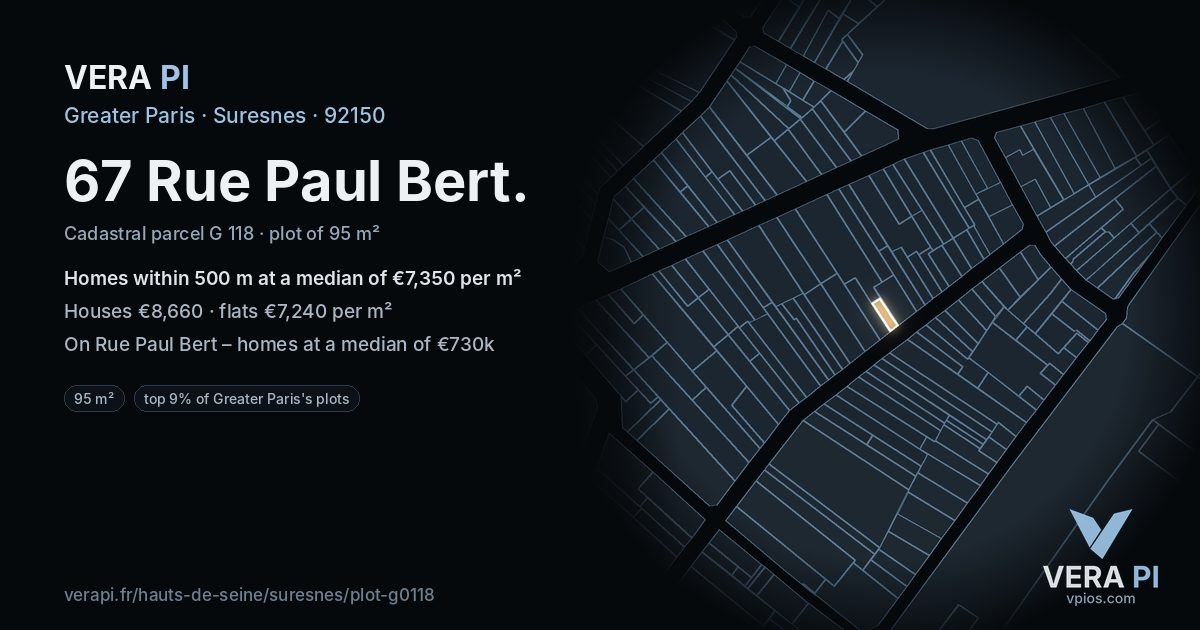 67 Rue Paul Bert, Suresnes at night – the plot lit, the parcels around coloured by the prices near them