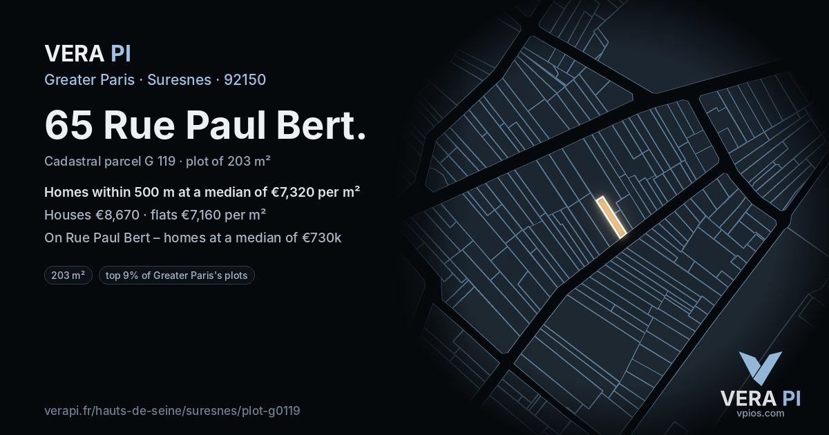 65 Rue Paul Bert, Suresnes at night – the plot lit, the parcels around coloured by the prices near them