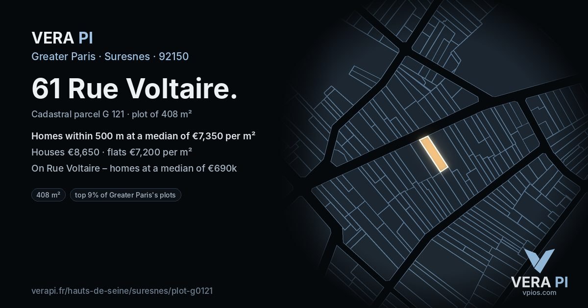 61 Rue Voltaire, Suresnes at night – the plot lit, the parcels around coloured by the prices near them