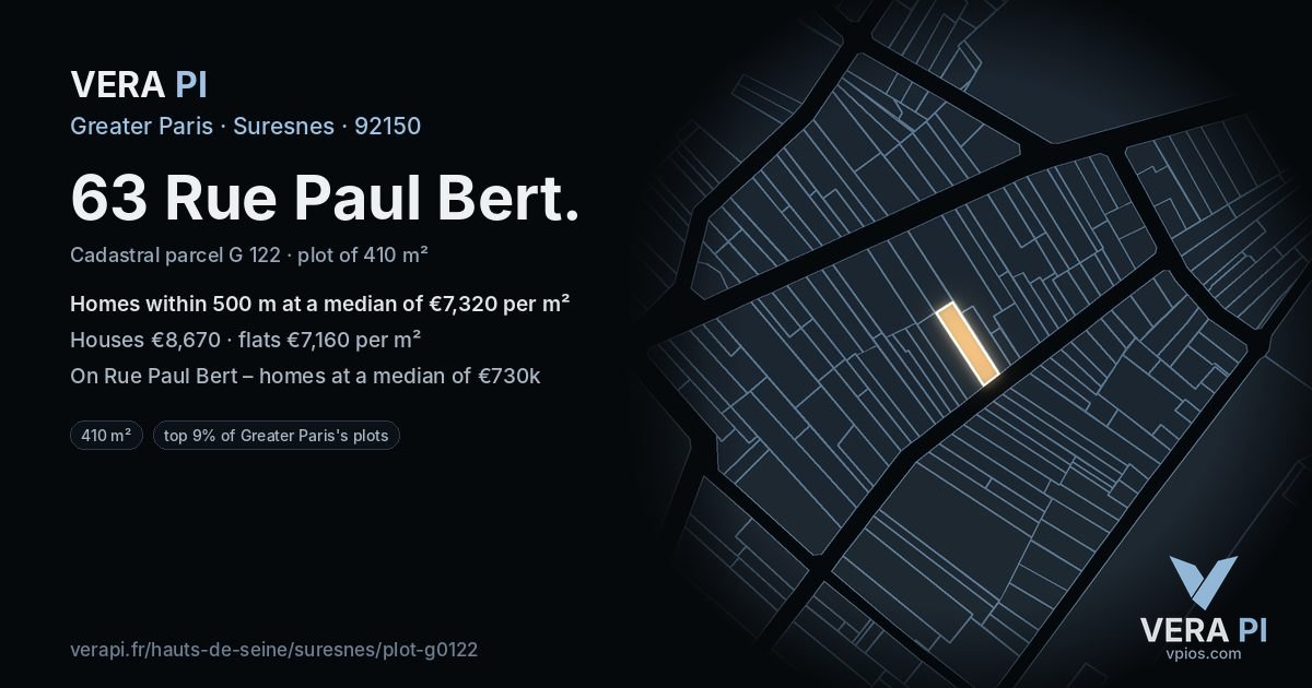 63 Rue Paul Bert, Suresnes at night – the plot lit, the parcels around coloured by the prices near them