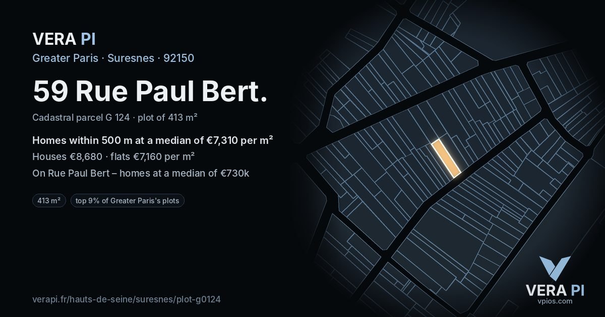 59 Rue Paul Bert, Suresnes at night – the plot lit, the parcels around coloured by the prices near them
