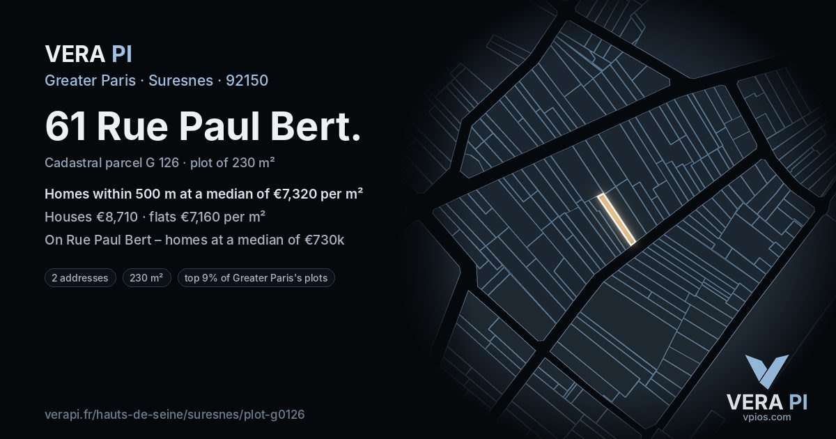 61 Rue Paul Bert, Suresnes at night – the plot lit, the parcels around coloured by the prices near them