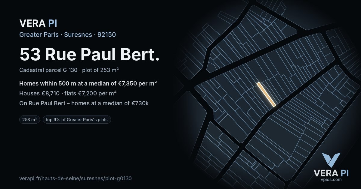 53 Rue Paul Bert, Suresnes at night – the plot lit, the parcels around coloured by the prices near them