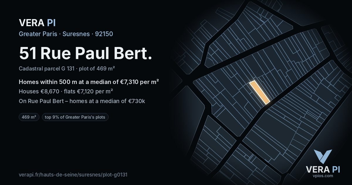51 Rue Paul Bert, Suresnes at night – the plot lit, the parcels around coloured by the prices near them