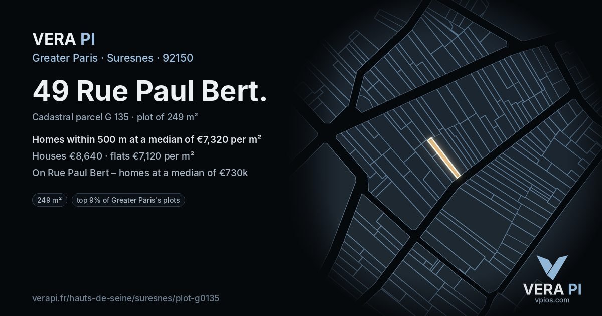 49 Rue Paul Bert, Suresnes at night – the plot lit, the parcels around coloured by the prices near them