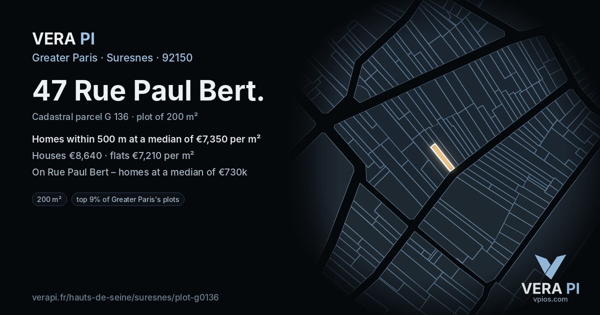 47 Rue Paul Bert, Suresnes at night – the plot lit, the parcels around coloured by the prices near them