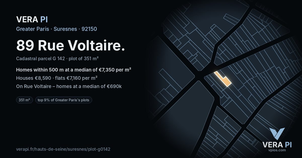89 Rue Voltaire, Suresnes at night – the plot lit, the parcels around coloured by the prices near them