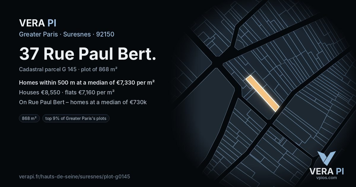 37 Rue Paul Bert, Suresnes at night – the plot lit, the parcels around coloured by the prices near them