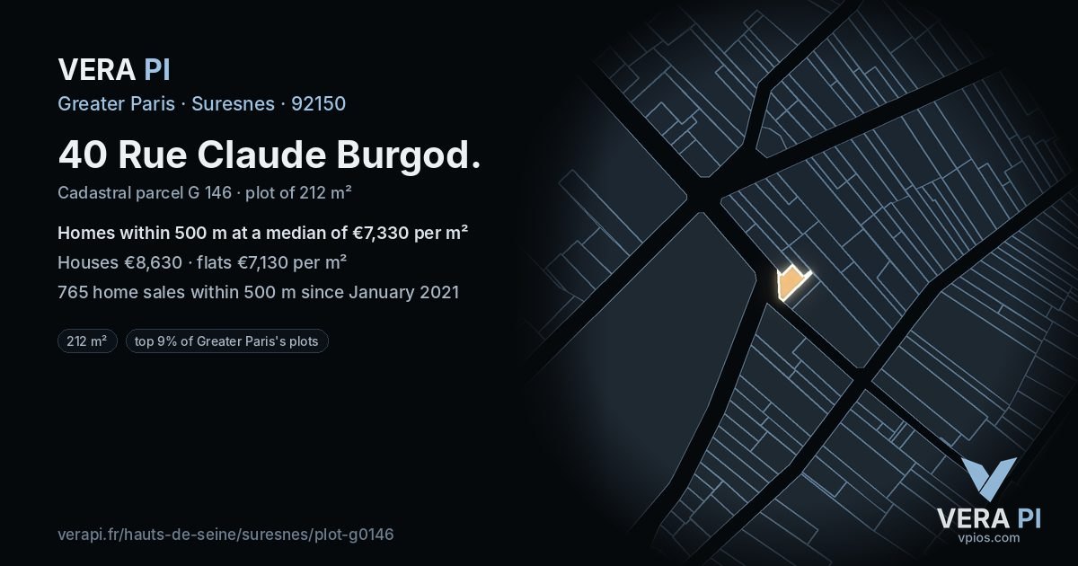 40 Rue Claude Burgod, Suresnes at night – the plot lit, the parcels around coloured by the prices near them