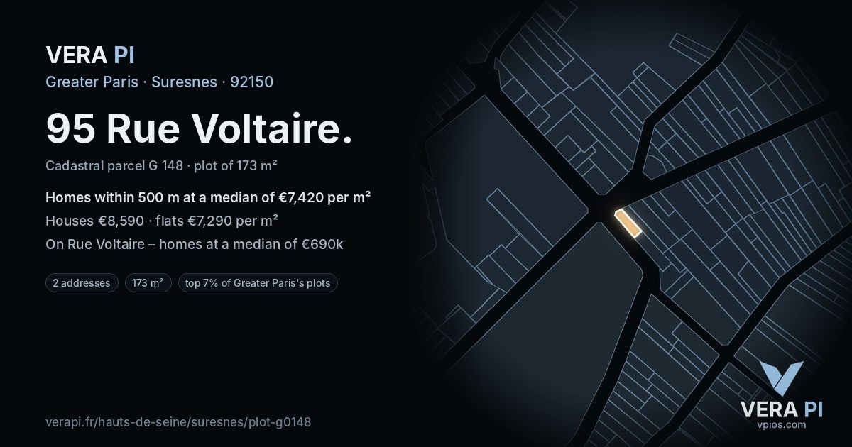 95 Rue Voltaire, Suresnes at night – the plot lit, the parcels around coloured by the prices near them