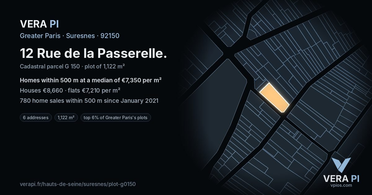 12 Rue de la Passerelle, Suresnes at night – the plot lit, the parcels around coloured by the prices near them