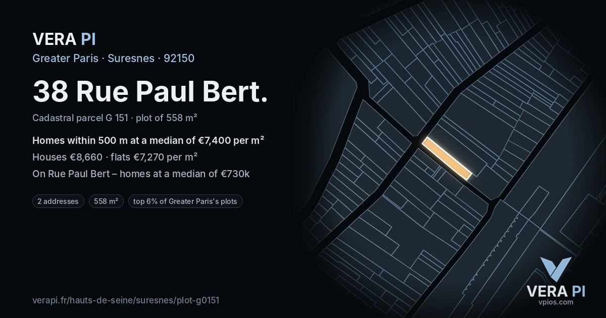 38 Rue Paul Bert, Suresnes at night – the plot lit, the parcels around coloured by the prices near them