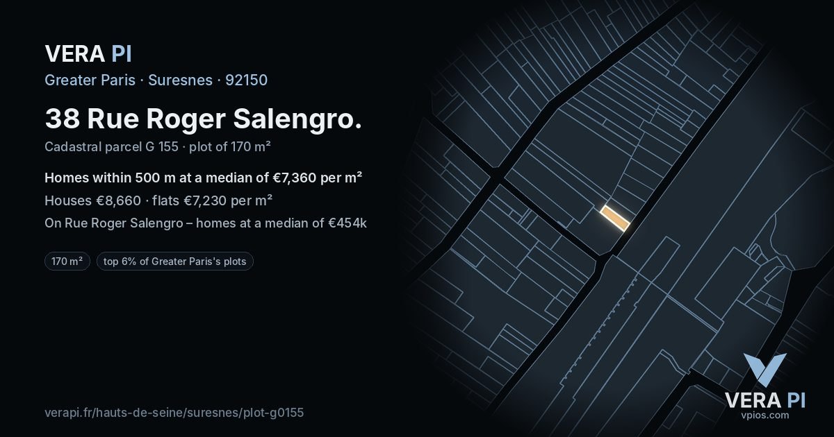 38 Rue Roger Salengro, Suresnes at night – the plot lit, the parcels around coloured by the prices near them