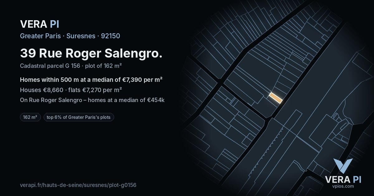 39 Rue Roger Salengro, Suresnes at night – the plot lit, the parcels around coloured by the prices near them