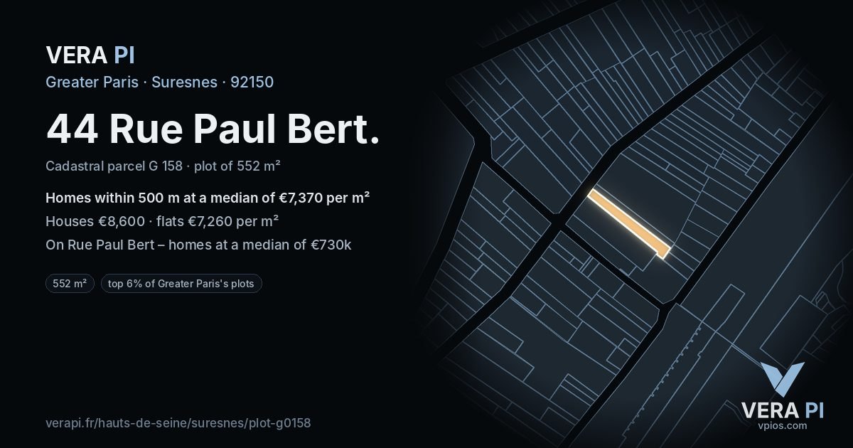 44 Rue Paul Bert, Suresnes at night – the plot lit, the parcels around coloured by the prices near them