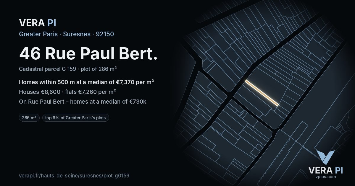 46 Rue Paul Bert, Suresnes at night – the plot lit, the parcels around coloured by the prices near them