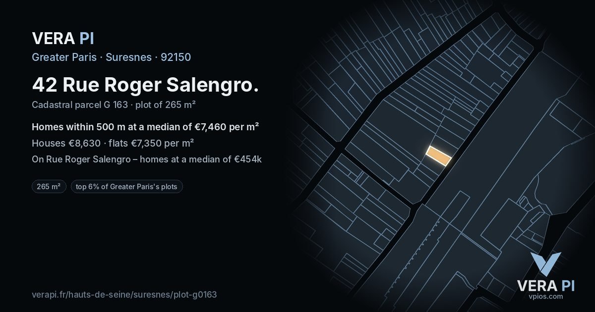 42 Rue Roger Salengro, Suresnes at night – the plot lit, the parcels around coloured by the prices near them